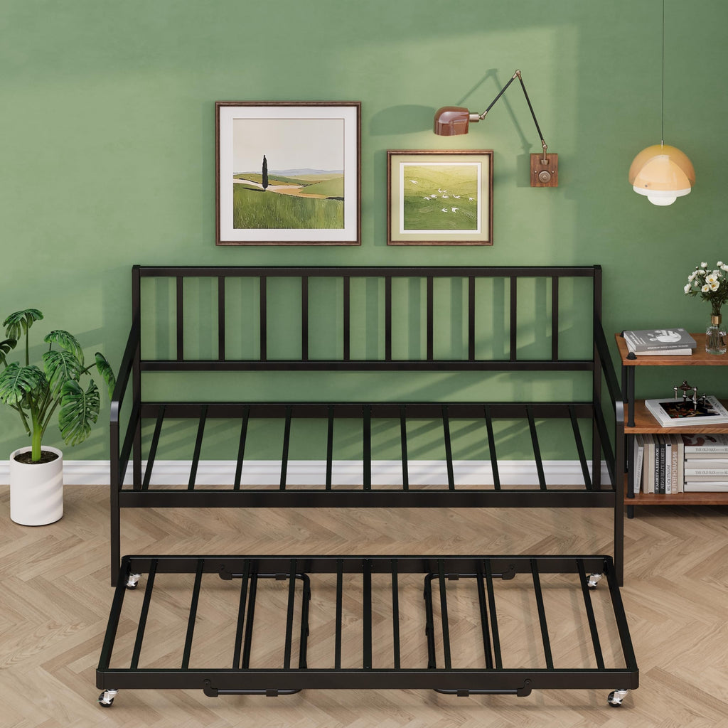 Twin Daybed with Pop Up Trundle, Metal Steel Slats, Black Z835765