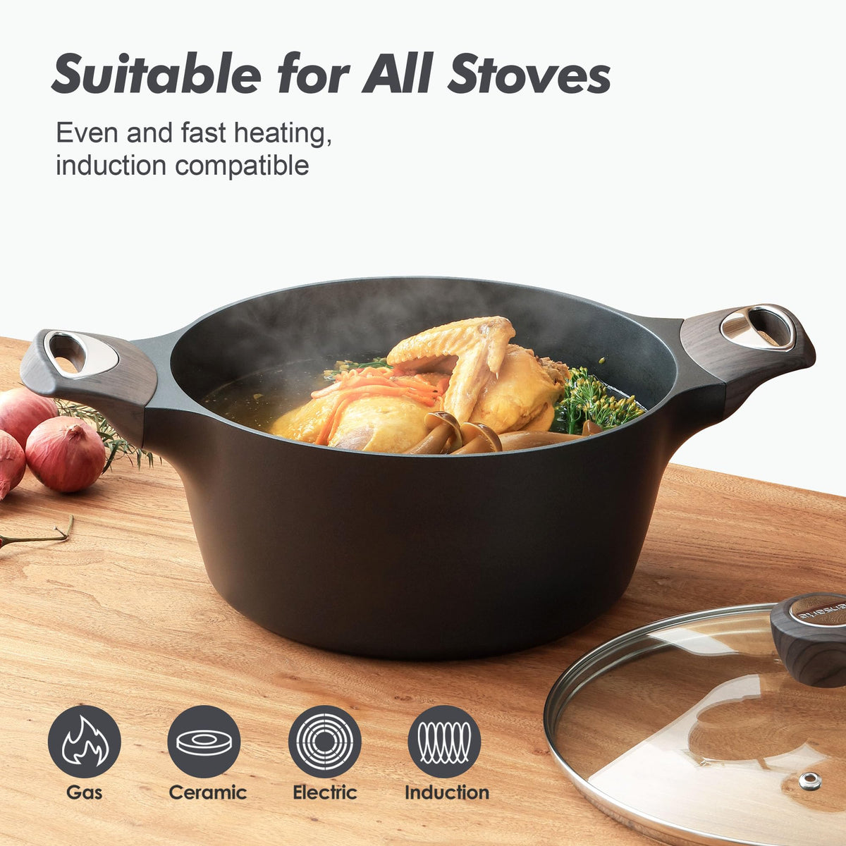 Nonstick Stock Pot with Lid 6.6 QT Black L4811