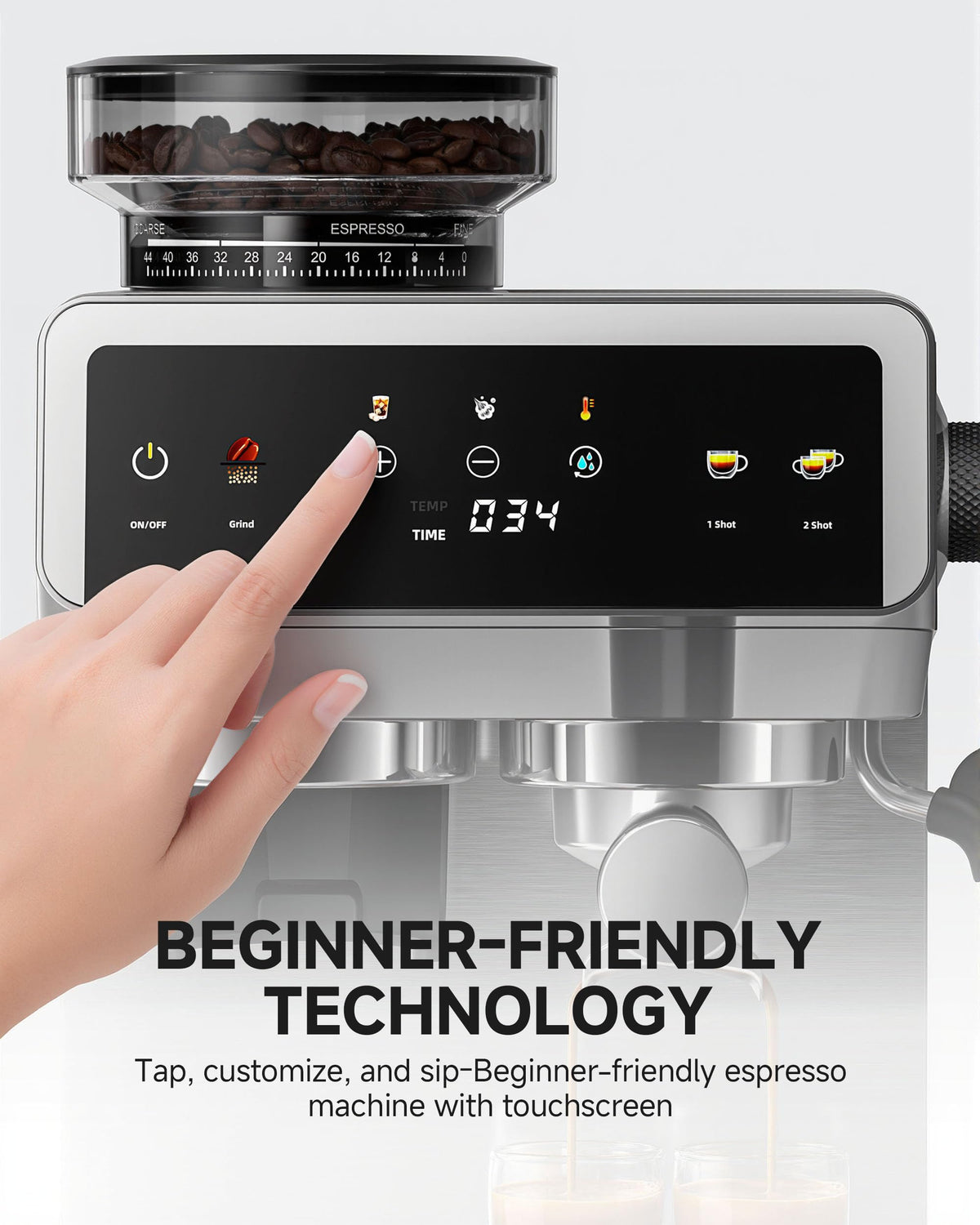 Espresso Machine With Grinder, Temp Control, 44 Grind Settings M97611