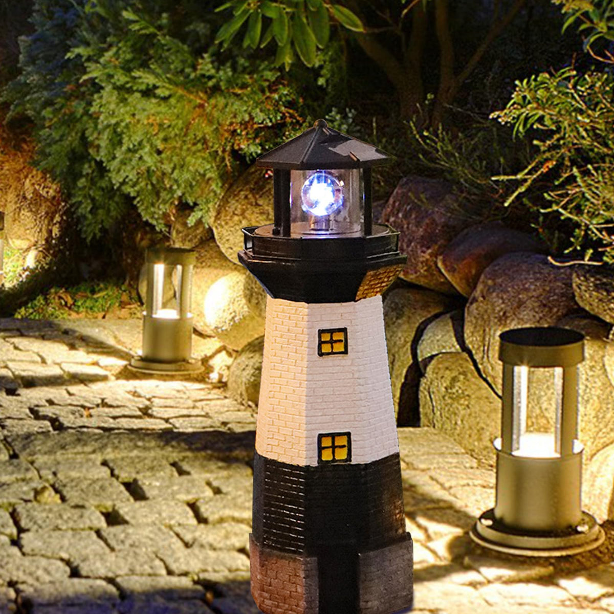 Solar Powered Lighthouse Garden Light with Rotating Beacon Y364