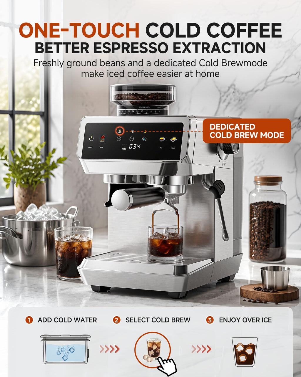 Espresso Machine With Grinder, Temp Control, 44 Grind Settings M97611