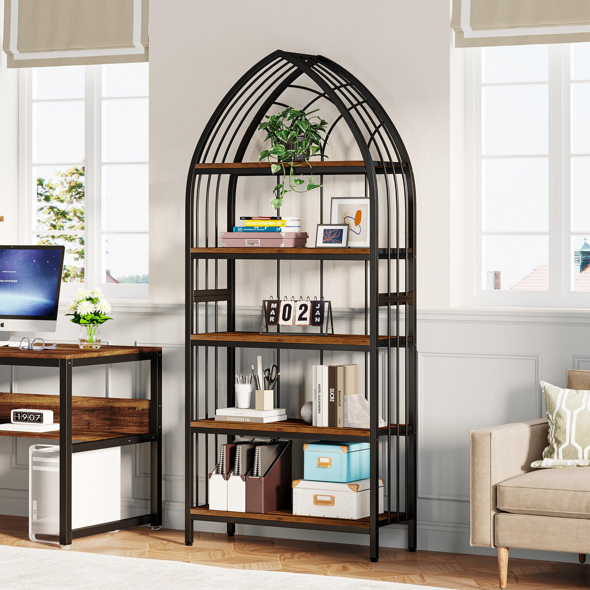 5-Tier 74.8-Inch Tall Curved Wood Bookshelf with Metal Frame F579