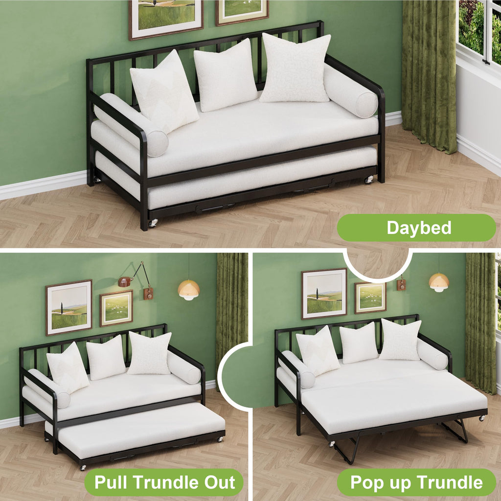 Twin Daybed with Pop Up Trundle, Metal Steel Slats, Black Z835765
