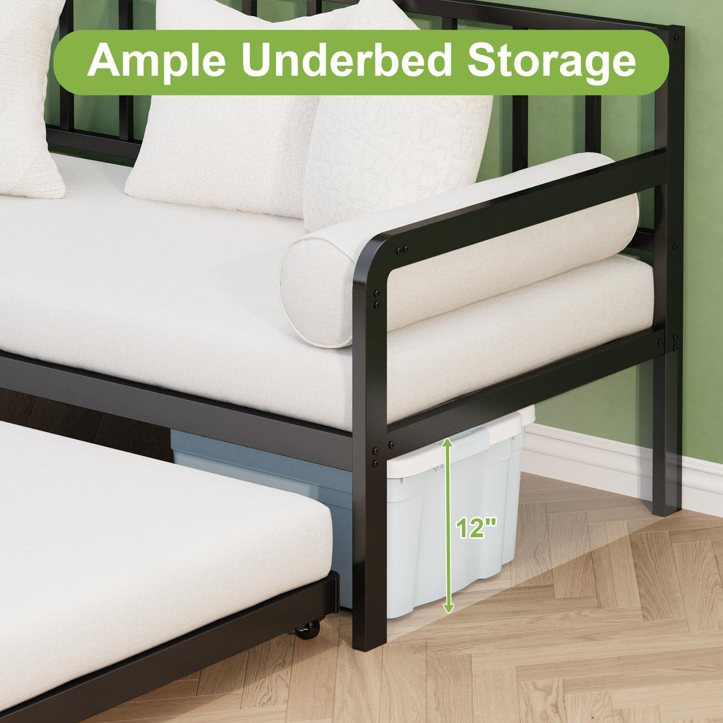 Twin Daybed with Pop Up Trundle, Metal Steel Slats, Black Z835765