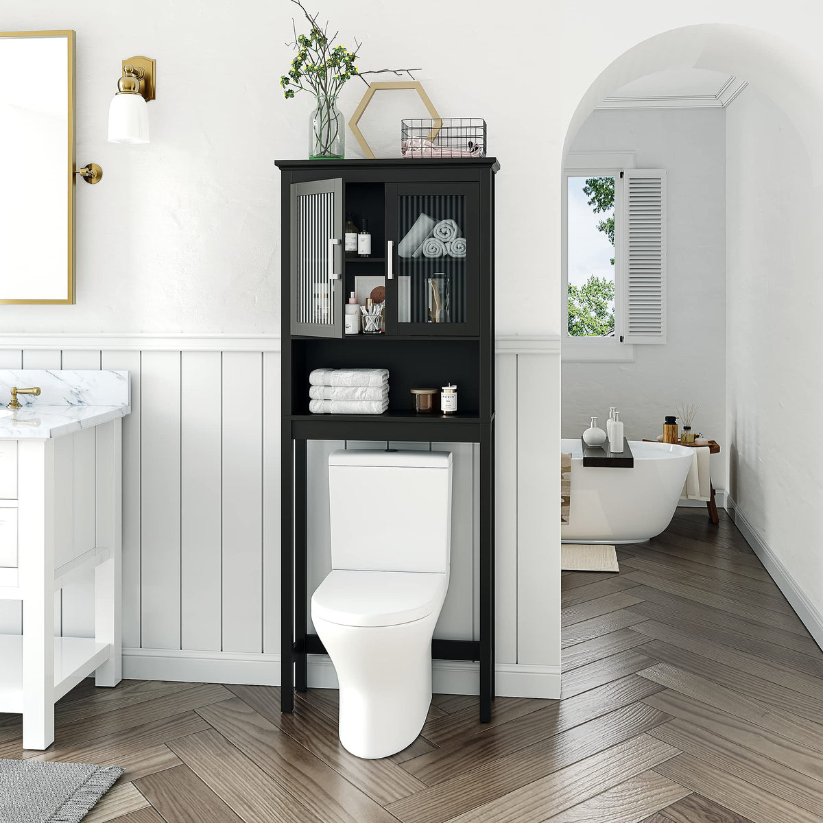 Over the Toilet Storage Cabinet with Glass Doors T189