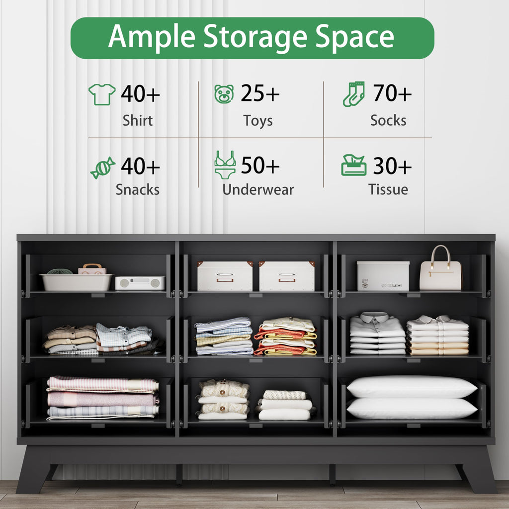 Black 9 Drawer Fluted Wood Dresser L7509