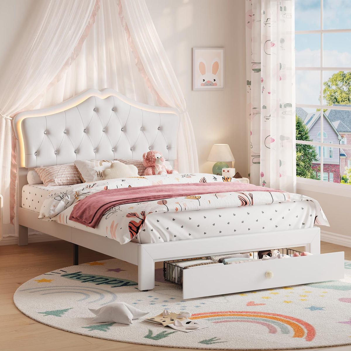 Beige Full Size Bed Frame with LED Lights Headboard R8322