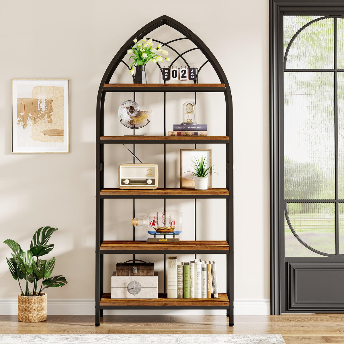 5-Tier 74.8-Inch Tall Curved Wood Bookshelf with Metal Frame F579