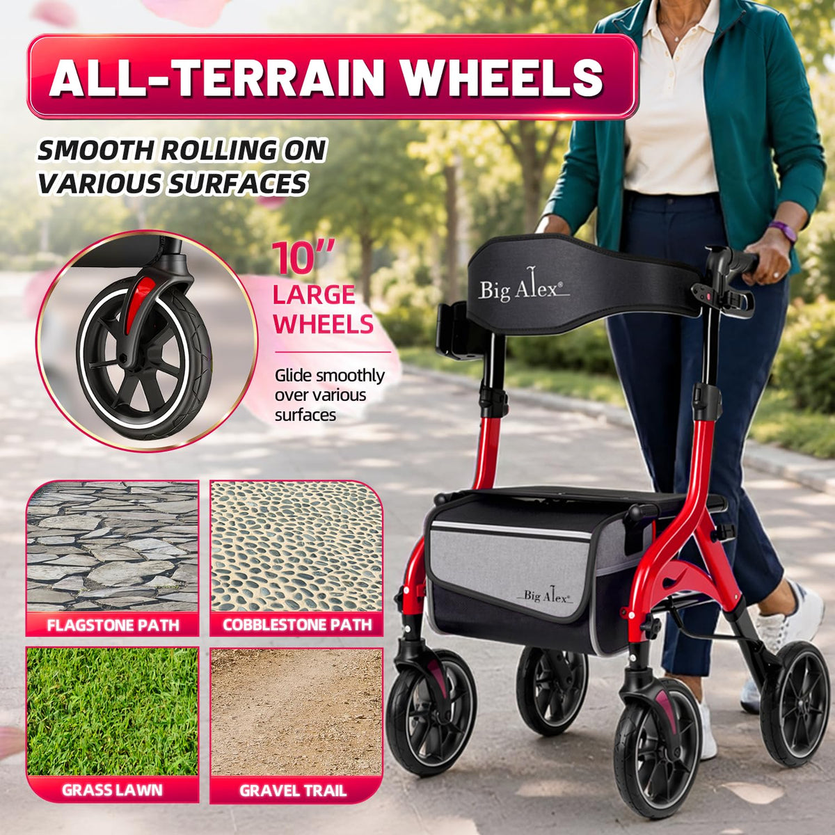 Foldable Red Rollator Walker with Seat N522