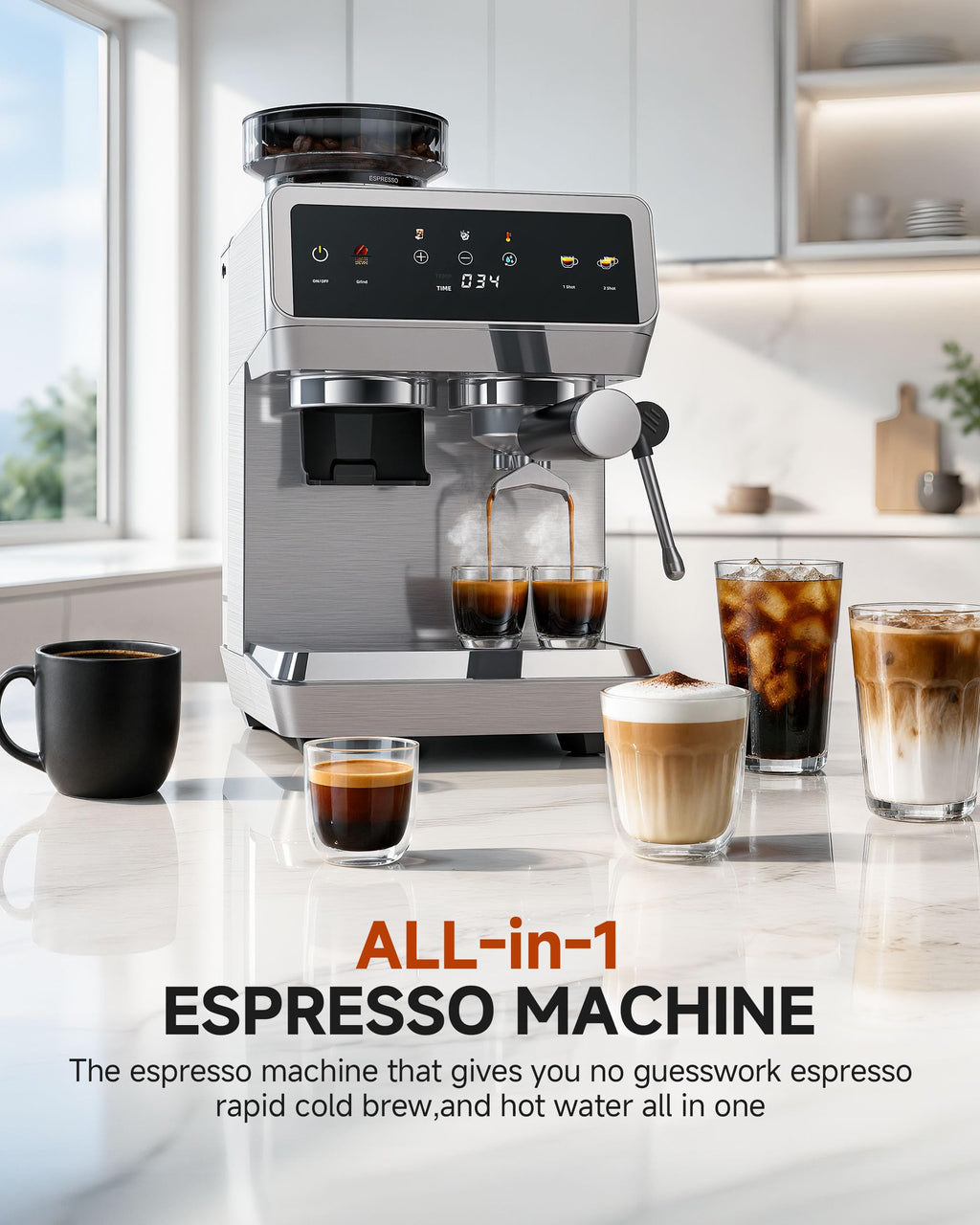 Espresso Machine With Grinder, Temp Control, 44 Grind Settings M97611