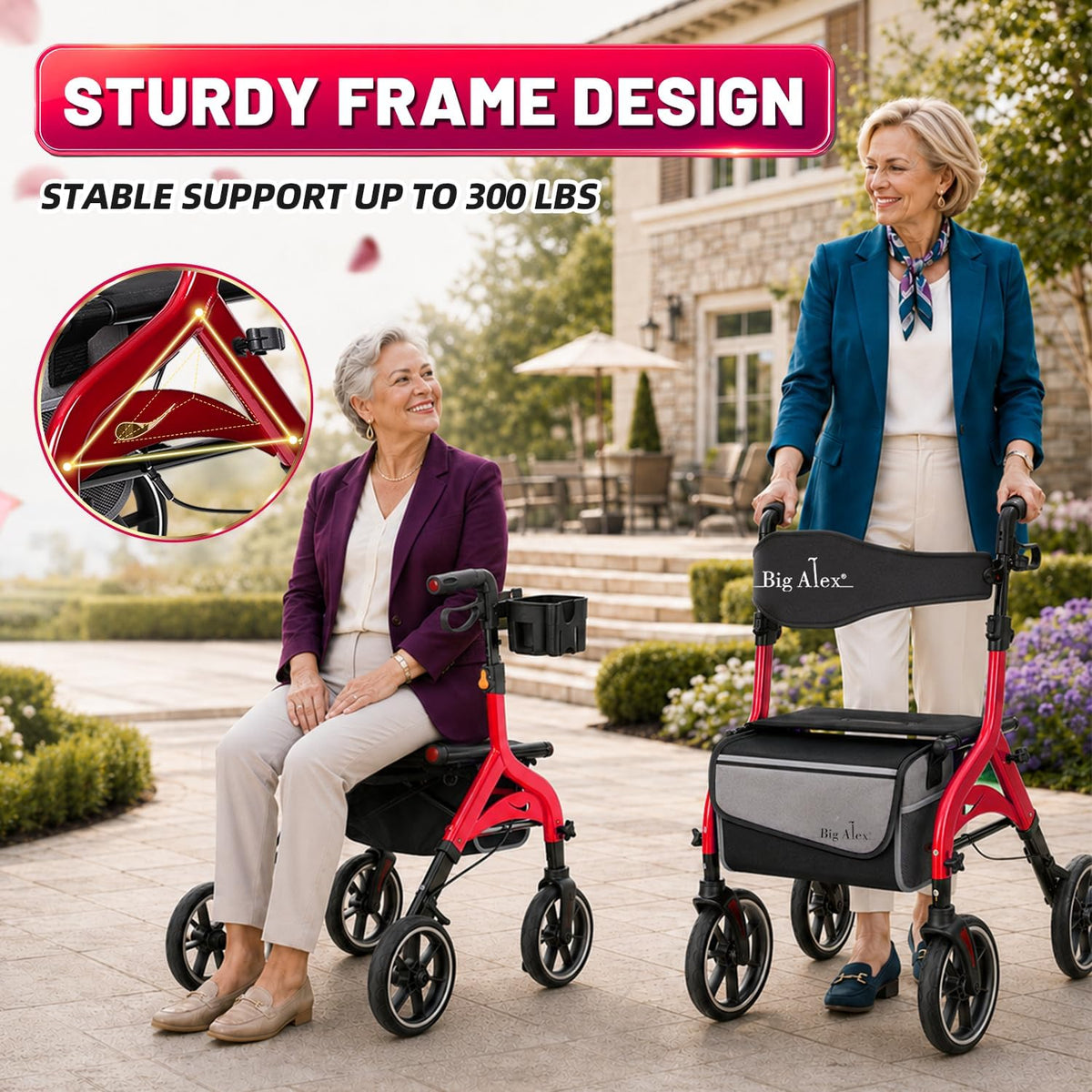 Foldable Red Rollator Walker with Seat N522