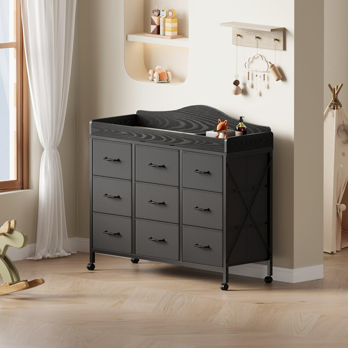 Black Changing Table with 9 Fabric Boxes C6292