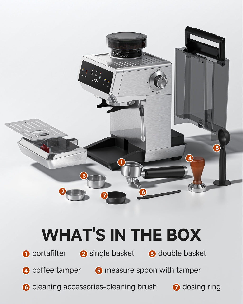 Espresso Machine With Grinder, Temp Control, 44 Grind Settings M97611