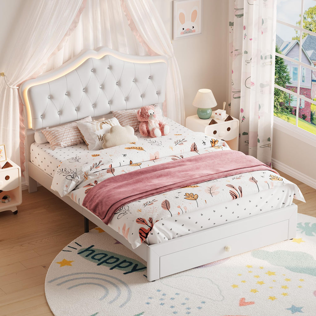 Beige Full Size Bed Frame with LED Lights Headboard R8322