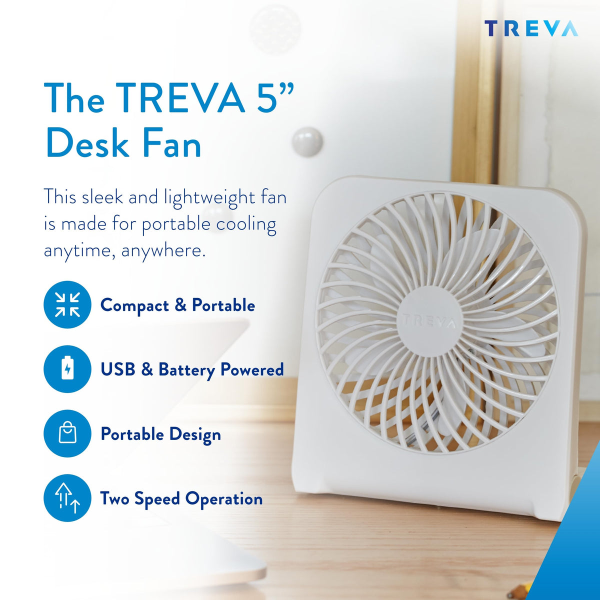5 in USB Battery Powered Desk Fan Adjustable Tilt 2-Speed White K88027