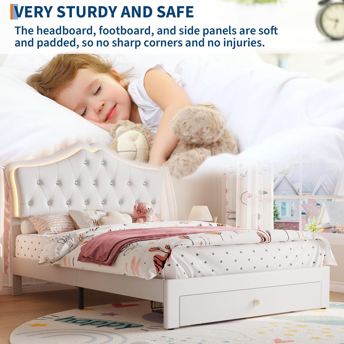 Beige Full Size Bed Frame with LED Lights Headboard R8322