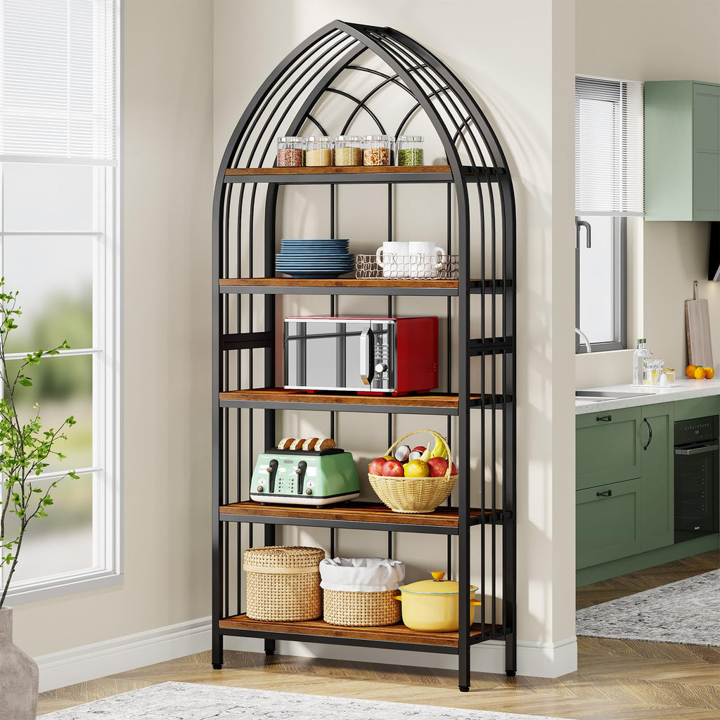 5-Tier 74.8-Inch Tall Curved Wood Bookshelf with Metal Frame F579