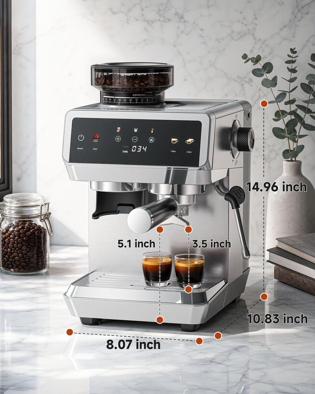 Espresso Machine With Grinder, Temp Control, 44 Grind Settings M97611