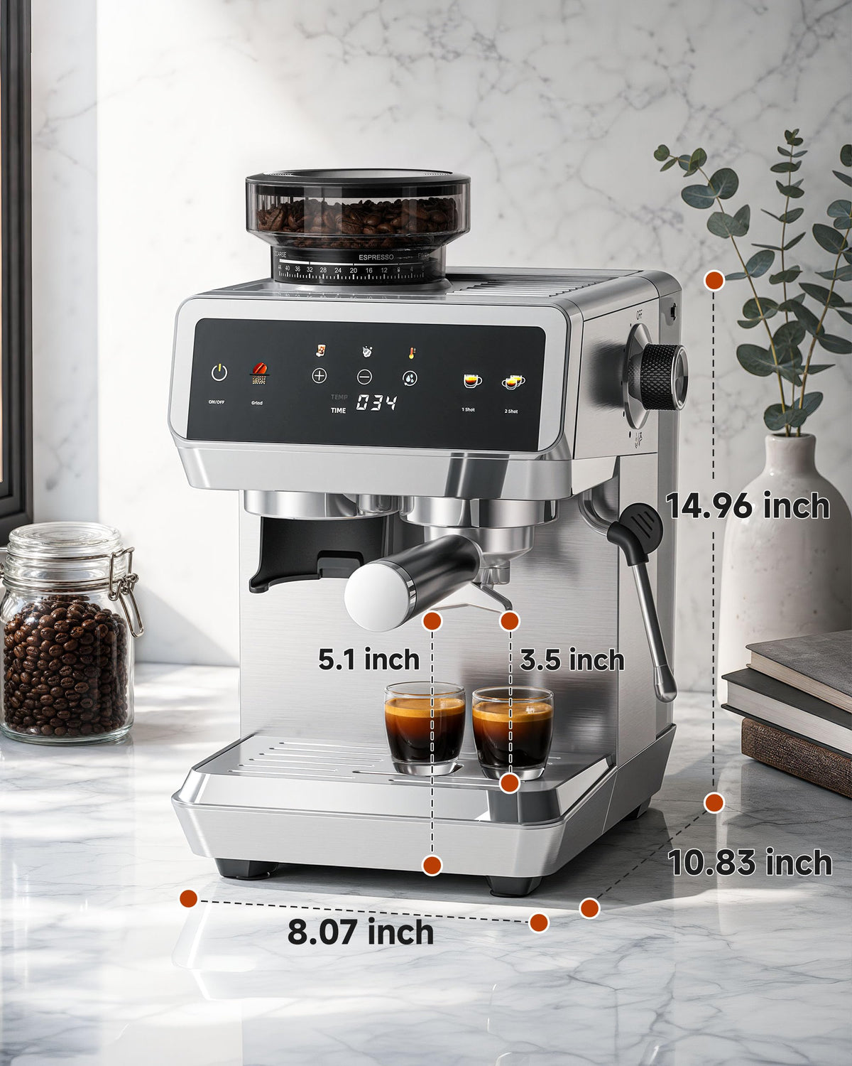 Espresso Machine With Grinder, Temp Control, 44 Grind Settings M97611
