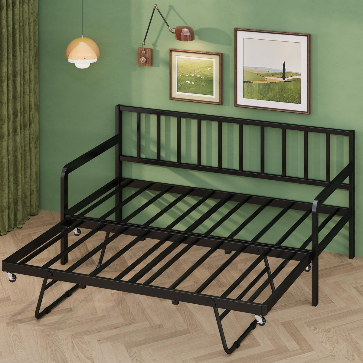 Twin Daybed with Pop Up Trundle, Metal Steel Slats, Black Z835765