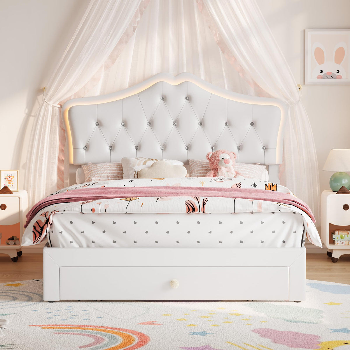 Beige Full Size Bed Frame with LED Lights Headboard R8322