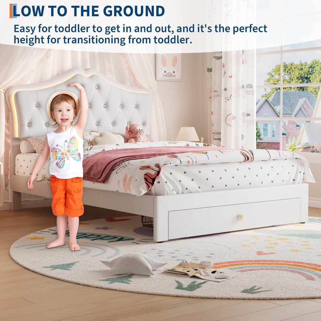 Beige Full Size Bed Frame with LED Lights Headboard R8322