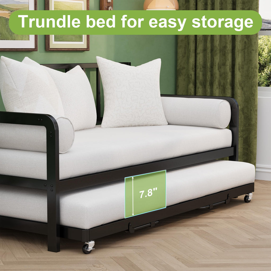 Twin Daybed with Pop Up Trundle, Metal Steel Slats, Black Z835765