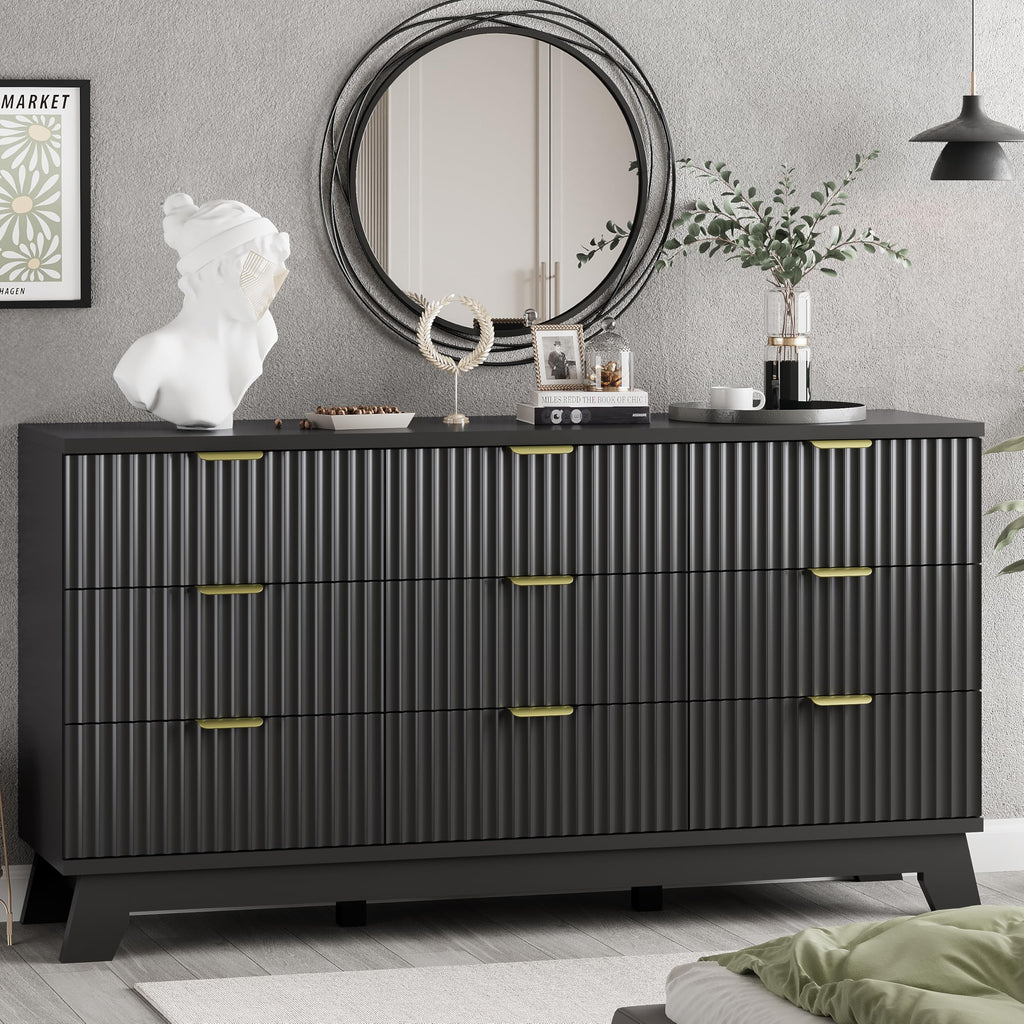 Black 9 Drawer Fluted Wood Dresser L7509