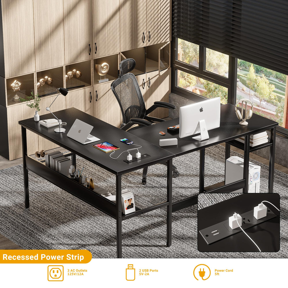 Black Reversible L Shaped Computer Desk with Power Outlets and Storage Shelves H2650