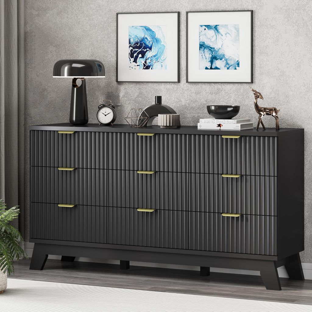 Black 9 Drawer Fluted Wood Dresser L7509