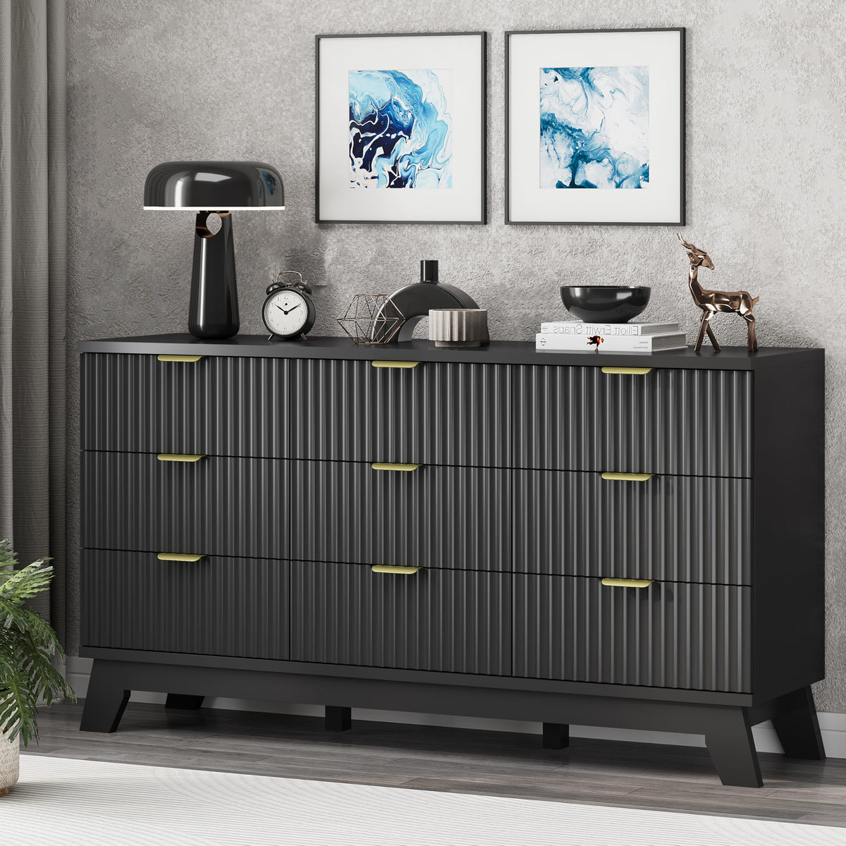 Black 9 Drawer Fluted Wood Dresser L7509
