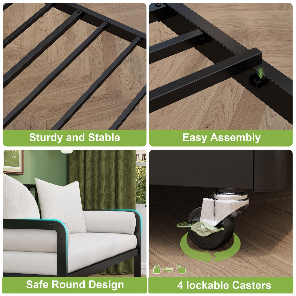 Twin Daybed with Pop Up Trundle, Metal Steel Slats, Black Z835765